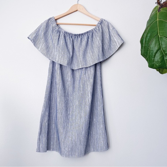 J.crew Striped Blue & White Off shoulder Dress boho Beachy Leisure relaxed Fit - Picture 3 of 9